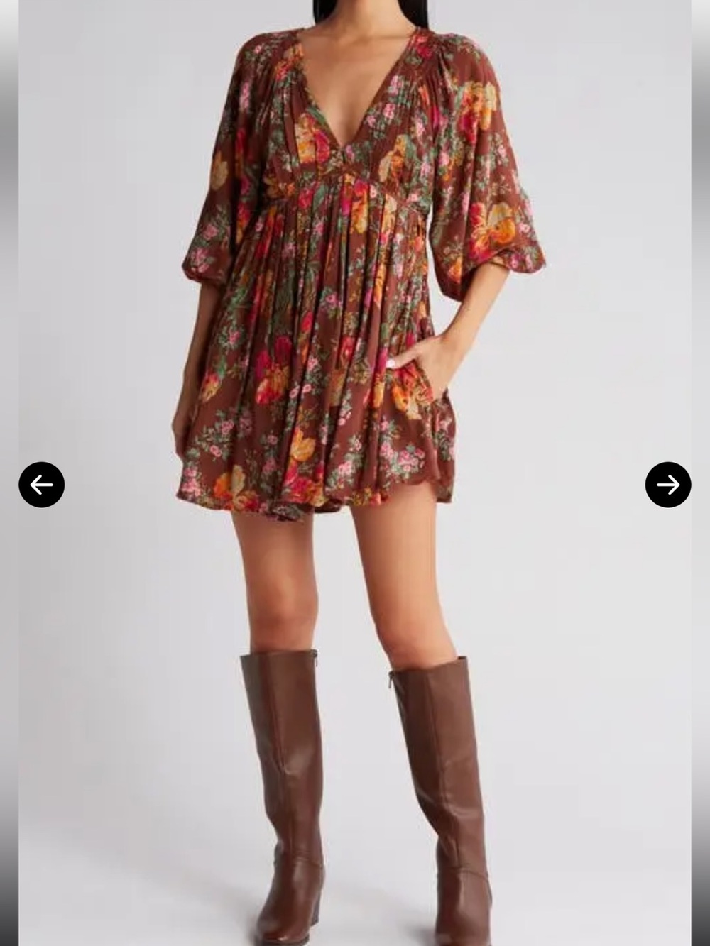 Free People Brown Floral Mini Dress with V-Neck